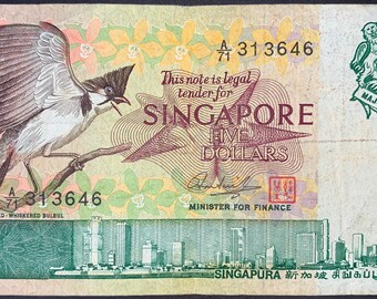 Banconota da 5 dollari di Singapore del 1976 P-10 VF / Serie Uccelli Bulbul / Design del porto della funivia / Valuta vintage di Singapore da collezione