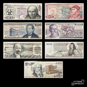 May include: A collection of seven Mexican banknotes featuring various denominations from 10 to 2000 pesos. Each rectangular paper currency displays unique portraits of historical figures, architectural landmarks, and intricate security patterns.
