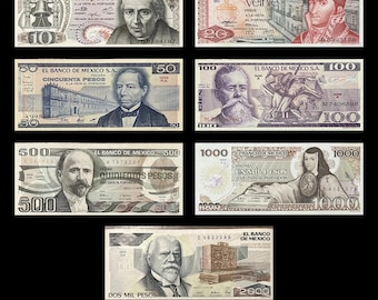 Mexico 10 to 2000 Pesos 1973-1989 Collectible Banknote Bundle | 7-Piece Vintage Paper Money Set Heroes of Mexico