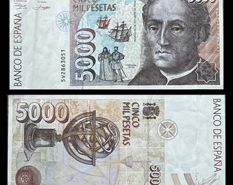 Spain 5000 Pesetas 1992 P-165 VF Collectible Banknote | Christopher Columbus Pre-Euro Paper Money