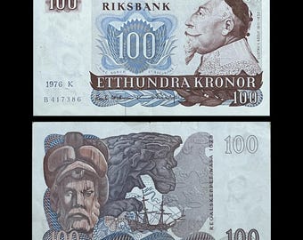 Sweden 100 Kronor 1976-1983 P-54 VF Collectible Banknote | Gustav II Adolf & Vasa Warship Paper Money