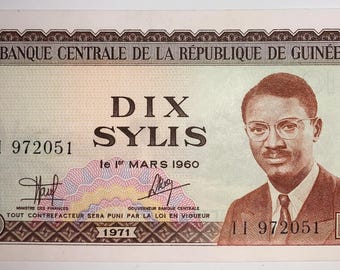 Guinea 10 Sylis 1971 P-16 UNC Patrice Lumumba African History Currency Uncirculated Mint West Africa Collectible Paper Money Numismatics