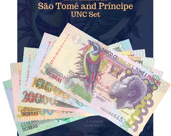 Colección de billetes UNC de Santo Tomé y Príncipe / Conjunto de monedas africanas exóticas / Notas de pájaros coloridas / Papel moneda de arte cultural / Paquete Dobras