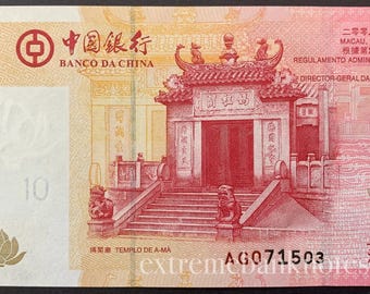 Macao 10 Patacas 2008 P-108a UNC Billete coleccionable / Banco da China A-Ma Temple Papel moneda