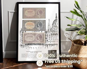 Decoración mural sobre la hiperinflación húngara de 1945-46 – Decoración enmarcada sobre la historia económica – Regalo artesanal con billetes auténticos.