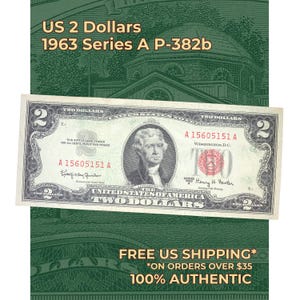 Op de afbeelding: Een Amerikaanse twee dollar biljet uit 1963, serie A, met een portret van Thomas Jefferson. De biljet heeft een rode zegel en de tekst "TWO DOLLARS" is zichtbaar. De achtergrond is groen met extra tekst.