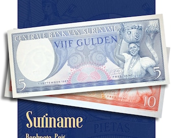 Suriname Banknote Pair 5 Gulden P120b & 10 Gulden P31 UNC/AUNC South American Vintage Collectible Paper Currency