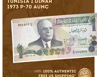 North African Presidential Banknote | Tunisia 1 Dinar 1973 P-70 AUNC | Vintage Tunisian Currency Collectible