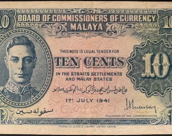 Banconota da collezione Malaya 10 centesimi 1941 P-8 AUNC