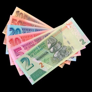 Könnte beinhalten: Eine Auswahl an simbabwischen Banknoten, von 2 bis 100 Dollar. Die Scheine sind in verschiedenen Farben gehalten, wobei die 2-Dollar-Note ein grünes Design mit einer Felsformation und dem Text "TWO DOLLARS" aufweist.