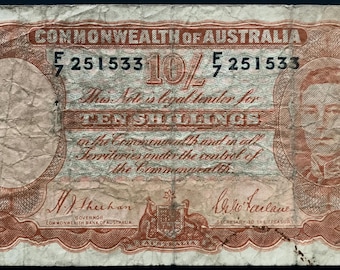Australische 10 shilling ND (1939-1941) P-25a VG Verzamelbaar bankbiljet | Muntstuk uit de Tweede Wereldoorlog van Koning George VI | Authentiek vintage papiergeld