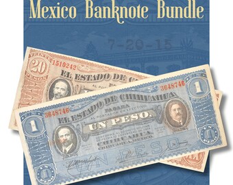 Mexico Revolutionary Banknote Bundle 1915 | 1 & 20 Pesos Chihuahua Set XF | Pancho Villa Currency P-S530 P-S537 | Extremely Fine Paper Money