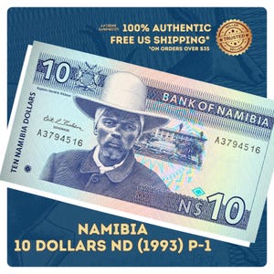 Może przedstawiać: Banknot dziesięciu dolarów namibijskich z 1993 roku, z portretem Kapteina Hendrika Witbooi. Banknot ma jasnoniebieski i zielony wzór z napisem "Bank of Namibia" i nominałem "10". Banknot jest oznaczony jako w 100% autentyczny.