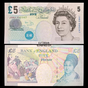 May include: A Bank of England five-pound note. The front features Queen Elizabeth II wearing a crown, and the back shows a historical scene. The note is marked with "FIVE POUNDS" and the serial number JH60 595347.