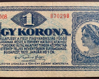 Hungary 1 Korona Banknote 1920 Pick 57 VF | Post-WWI Imperial Crown Regency Currency | ExtremeBanknotes Premium European Paper Money