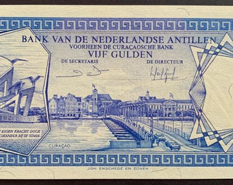 Netherlands Antilles 5 Gulden 1984 P-15b UNC Rare Caribbean Currency Vintage Dutch West Indies Paper Money Collectible