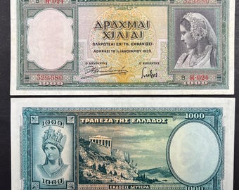 Billete de colección de 1000 dracmas de Grecia de 1939, P-111, VF-XF / Auténtico billete antiguo de la Acrópolis griega
