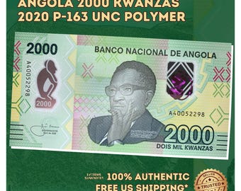 First Angolan President Polymer Banknote | Angola 2000 Kwanzas 2020 P-163 UNC | African Modern Currency | Collectible Paper Money