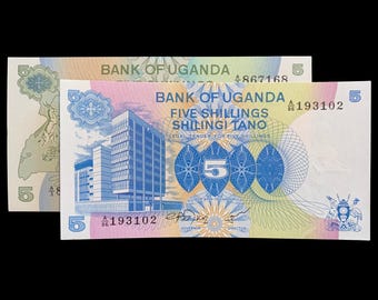 Paquete de billetes coleccionables de 5 Shilingi de Uganda (emisiones UNC de 1979 y 1982)