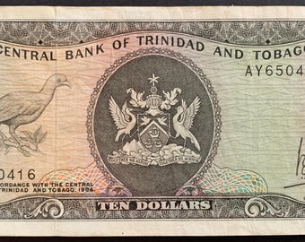 Trinidad and Tobago 10 Dollars ND (1977) P-32 VF Vintage Caribbean Paper Money, Numismatic Collectible