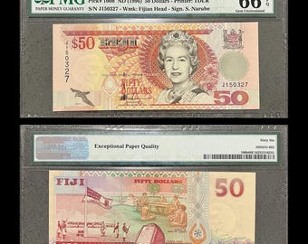 Fiji 50 Dollars 1996 P-100b PMG 66 EPQ Collectible Banknote | Queen Elizabeth II Gem Unc 02