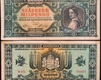Hungary 100 000 Milpengő 1946 P-127 F-VF Collectible WWII Hyperinflationary Banknote (100,000,000,000 Pengos)