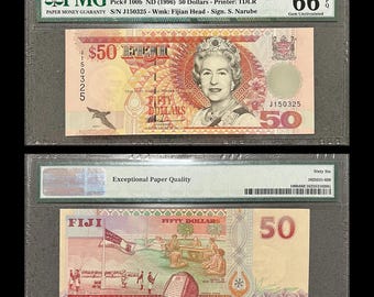 Fiji 50 Dollars 1996 P-100b PMG 66 EPQ Collectible Banknote | Queen Elizabeth II Gem Unc 01
