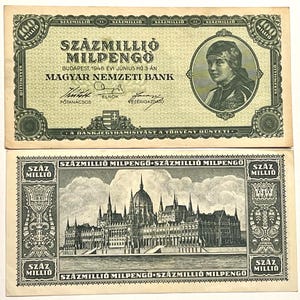 May include: Two vintage Hungarian 100 Million Milpengo banknotes. The top bill features a portrait and text in Hungarian. The bottom bill displays a detailed illustration of a building. Both bills have ornate borders.