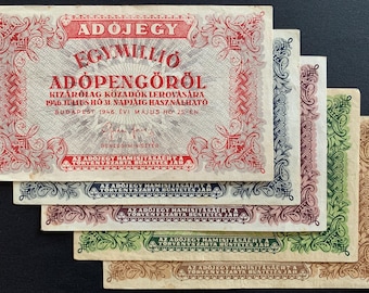 Juego completo de billetes coleccionables húngaros de Adópengő, época de hiperinflación (F-XF)