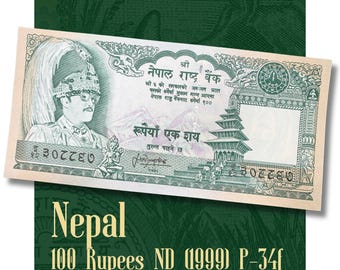 Nepal 100 Rupees Banknote 1999 P-34f UNC | King Birendra Mt Everest Rhinoceros Paper Money | Rare Collectible Asian Currency