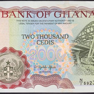 Ghana 2000 Cedis 1995 P-30b UNC – Adomi Bridge African Currency – Vintage Ghana Paper Money Collectible