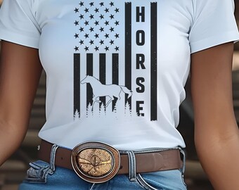 Frauen Western T-Shirt Western Cowgirl T-Shirt Rodeo T-Shirt für Cowgirl Valentines Geschenk für Cowgirl Pferdeliebhaber Pferd amerikanische Flagge