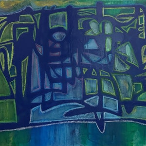 May include: Abstract painting with a dark blue central form, outlined in white, featuring geometric shapes and lines. Green and yellow accents are scattered throughout the composition, set against a gradient background of blue and green.