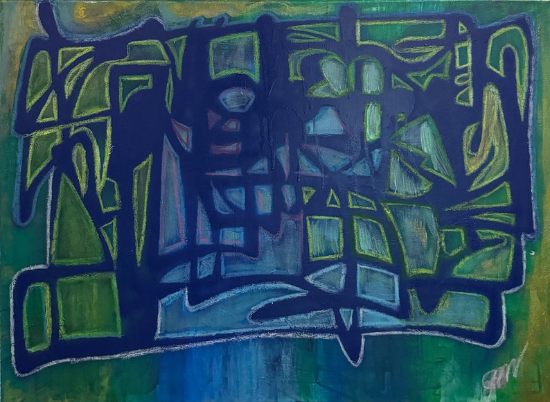 May include: Abstract painting with a dark blue central form, outlined in white, featuring geometric shapes and lines. Green and yellow accents are scattered throughout the composition, set against a gradient background of blue and green.