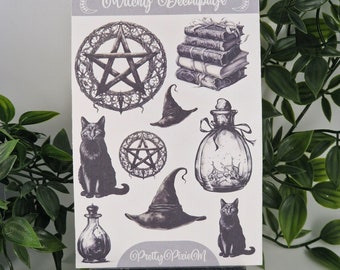 Witchy decoupage B&W sticker sheet set 1