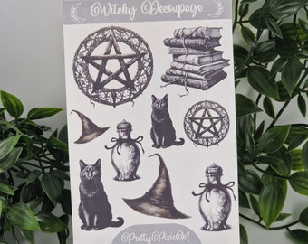 Witchy decoupage B&W sticker sheet set 2