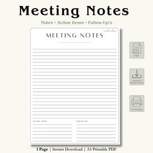 Modelo de anotações de reuniões para pessoas com TDAH em PDF para impressão, com itens de ação e acompanhamento | Planejador digital