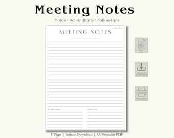ADHD-Friendly Meeting Notes Template Printable PDF with Action Items & Follow Ups | Digital Planner