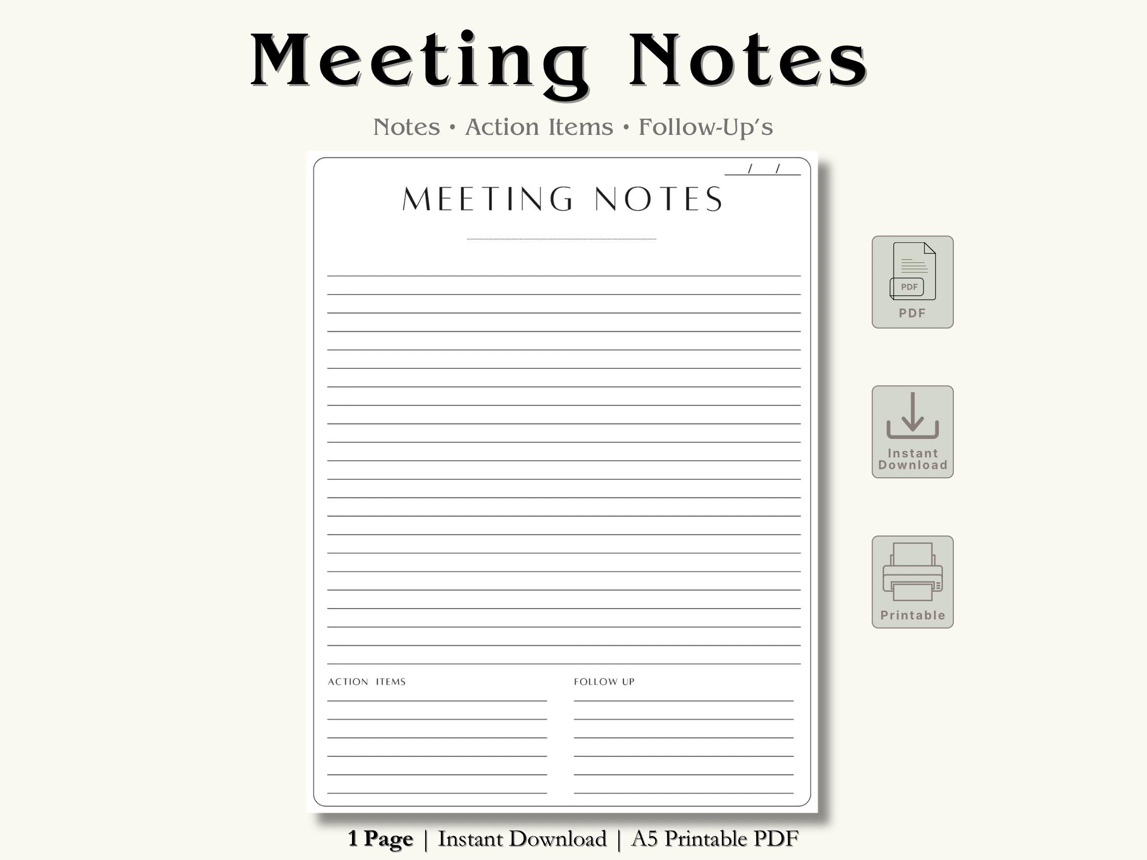 Adhd-friendly Meeting Notes Template Printable PDF With Action Items ...
