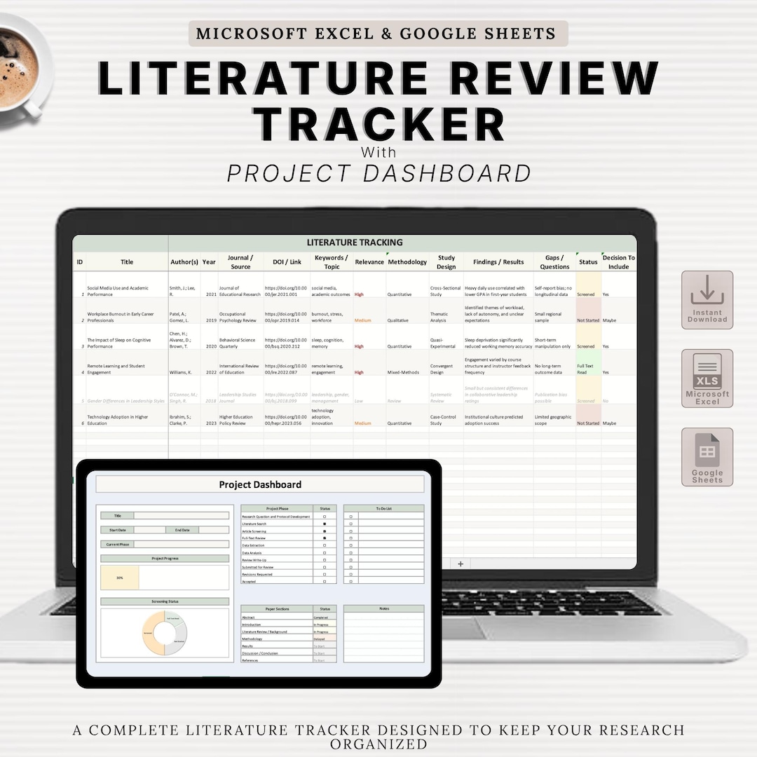 Subject Review Tracker Literature Review Tracker Excel & Sheets | Research Article Organizer ...