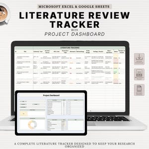 May include: A laptop and tablet display a literature review tracker with a project dashboard. The text on the screen reads "Literature Review Tracker" and "Project Dashboard." The image includes icons for instant download, XLS, and Google Sheets. The text at the bottom says "A complete literature tracker designed to keep your research organized."