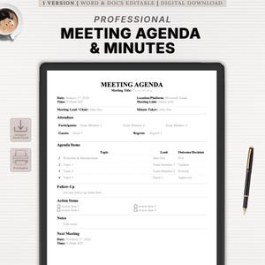 Modello modificabile per ordine del giorno e verbale di riunione / Appunti professionali con punti d'azione / PDF stampabile