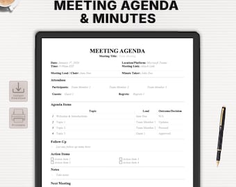 Editable Meeting Agenda & Minutes Template | Professional Meeting Notes with Action Items | Printable PDF