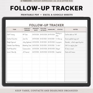 Tracker di follow-up stampabile / Foglio di calcolo per la gestione di clienti e attività / Excel, Fogli Google / PDF compilabile