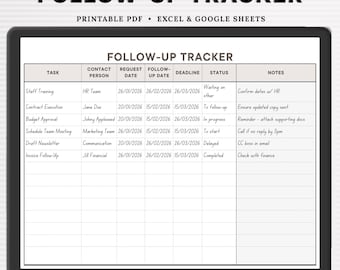 Follow-Up Tracker Printable | Client & Task Management Spreadheet | Excel, Google Sheets | Fillable PDF