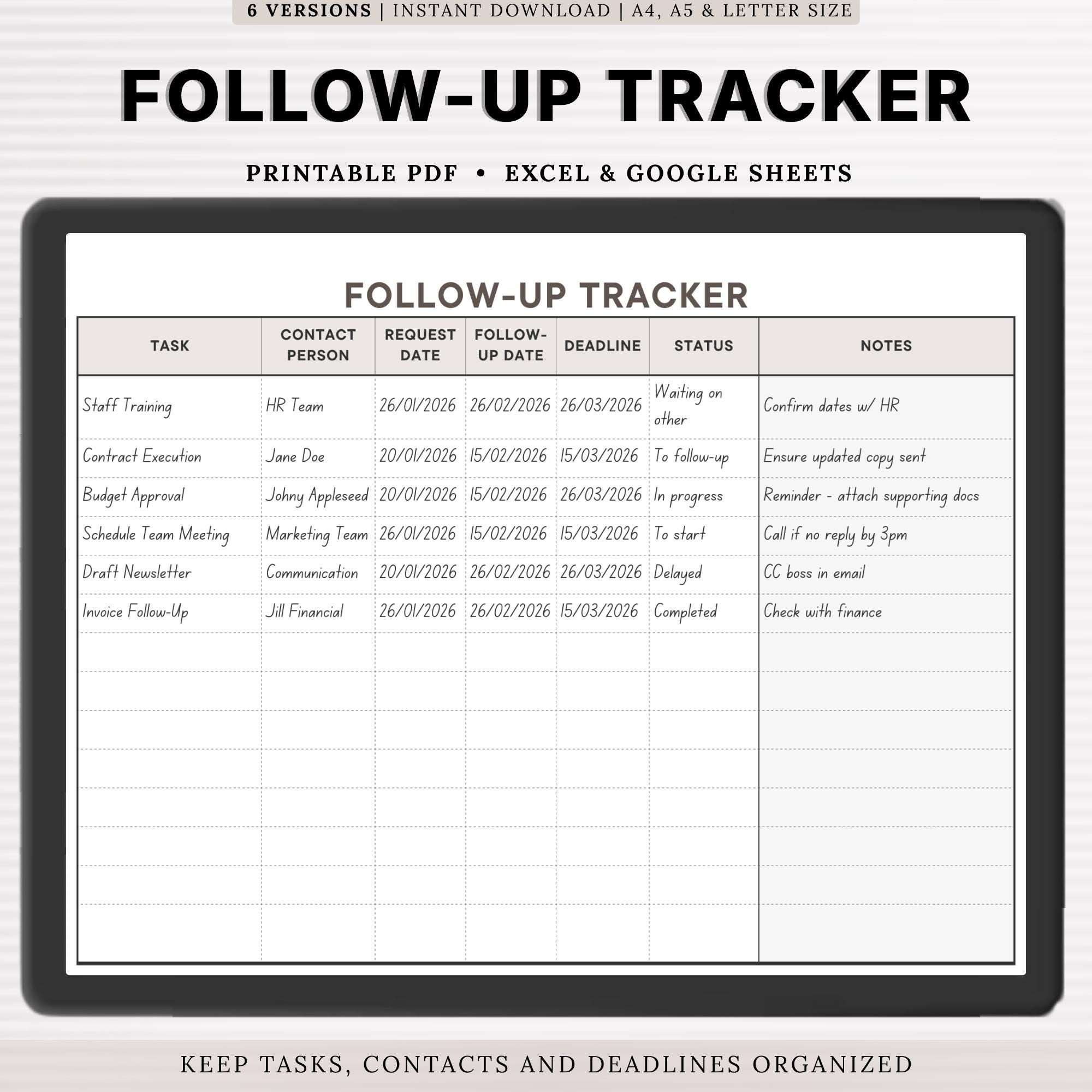 Follow-Up Tracker Printable Client & Task Management Spreadheet Excel, Google Sheets Fillable PDF