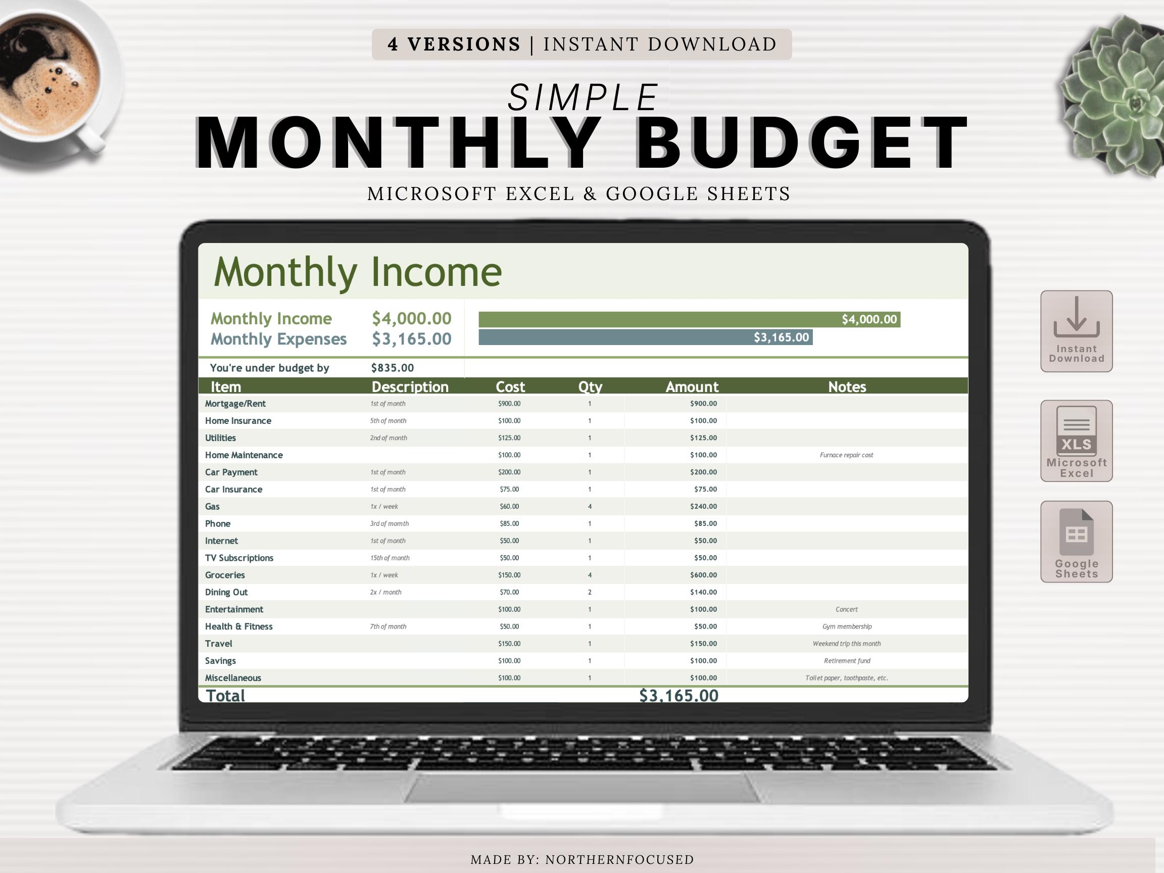 ADHD-Friendly Budget Spreadsheet Monthly Income & Expense Tracker Excel and Google Sheets Template