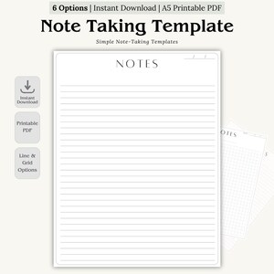 Note Taking Templates Bundle | Digital Notebook with Lined Notes & Grid Paper (Printable PDF)