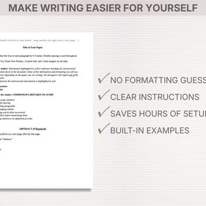 A document with text and checkmarks, with the headline "MAKE WRITING EASIER FOR YOURSELF." The document highlights features like "NO FORMATTING GUESSWORK" and "CLEAR INSTRUCTIONS."