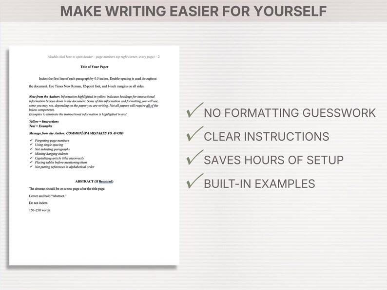 A document with text and checkmarks, with the headline "MAKE WRITING EASIER FOR YOURSELF." The document highlights features like "NO FORMATTING GUESSWORK" and "CLEAR INSTRUCTIONS."